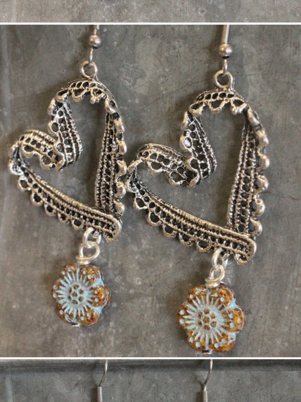 🎉 BOHO Czech Flower Silver Heart Earrings
